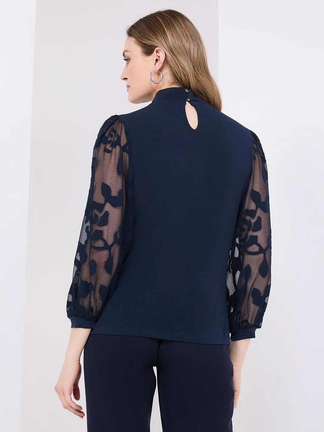 3/4 Jacquard Sleeve Mock Neck Top