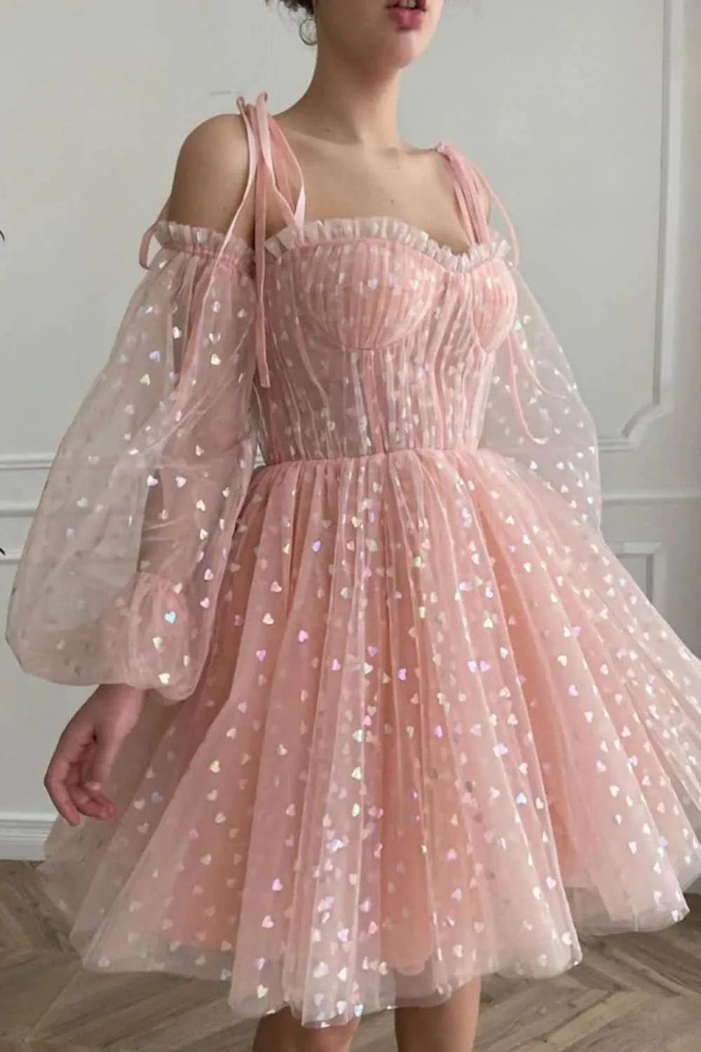 A Line Off the Shoulder Blush Short Homecoming Dress with Long Sleeves