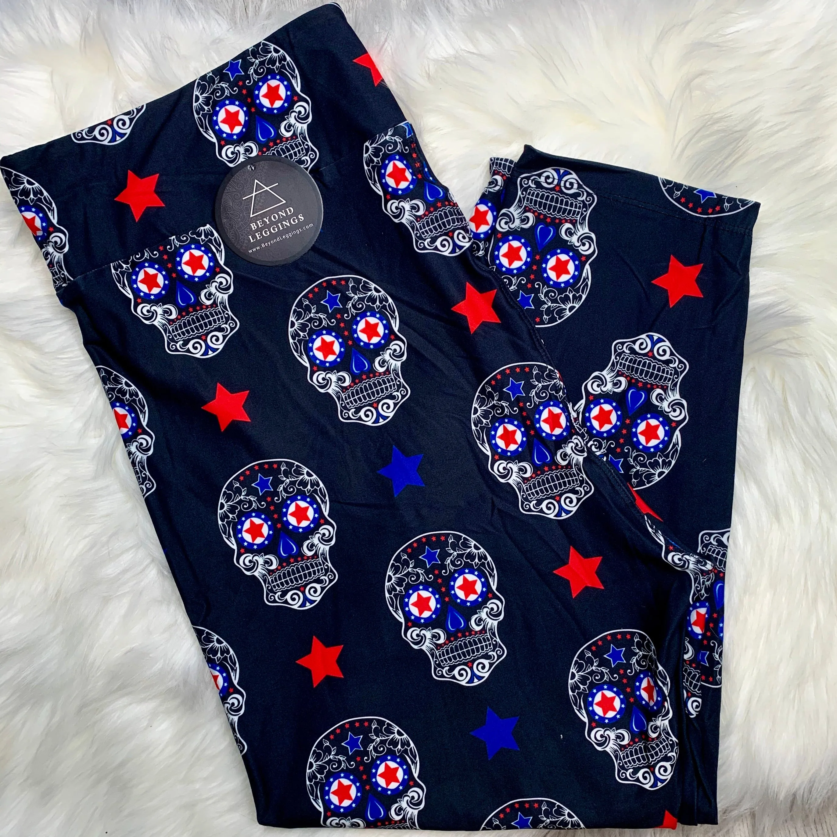 Americana Inspired Capri Leggings - Patriotic Sugar Skull Star Print - Comfortable and Stylish Mid-Calf Legwear