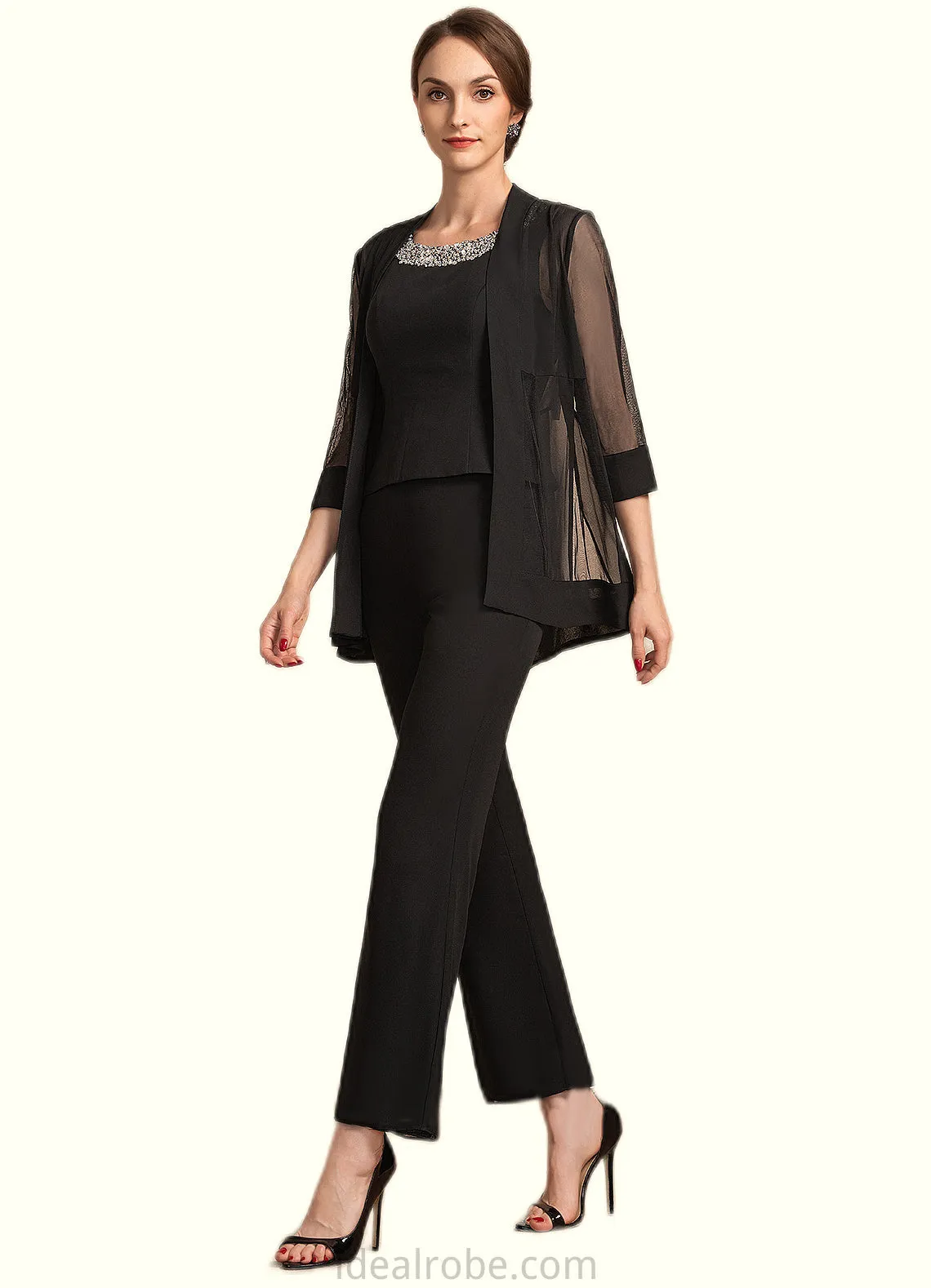 Ashley Jumpsuit/Pantsuit Scoop Neck Ankle-Length Chiffon Mother of the Bride Dress With Beading Sequins STK126P0014932