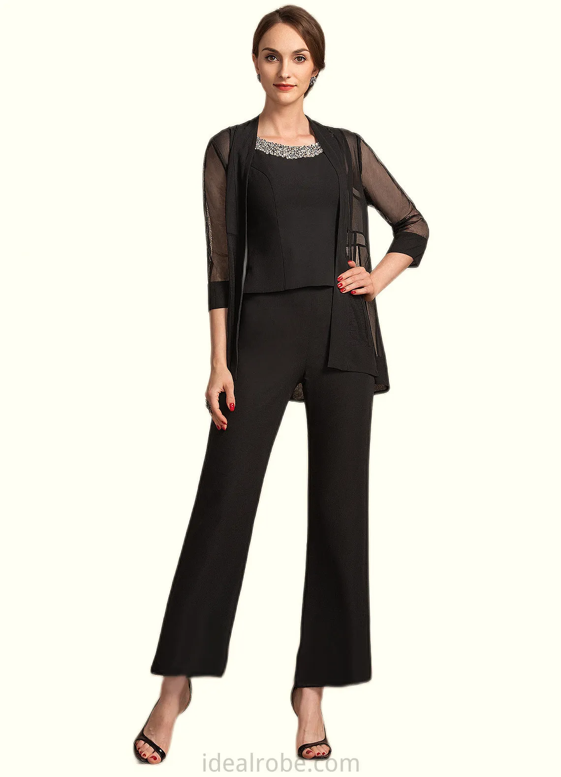 Ashley Jumpsuit/Pantsuit Scoop Neck Ankle-Length Chiffon Mother of the Bride Dress With Beading Sequins STK126P0014932