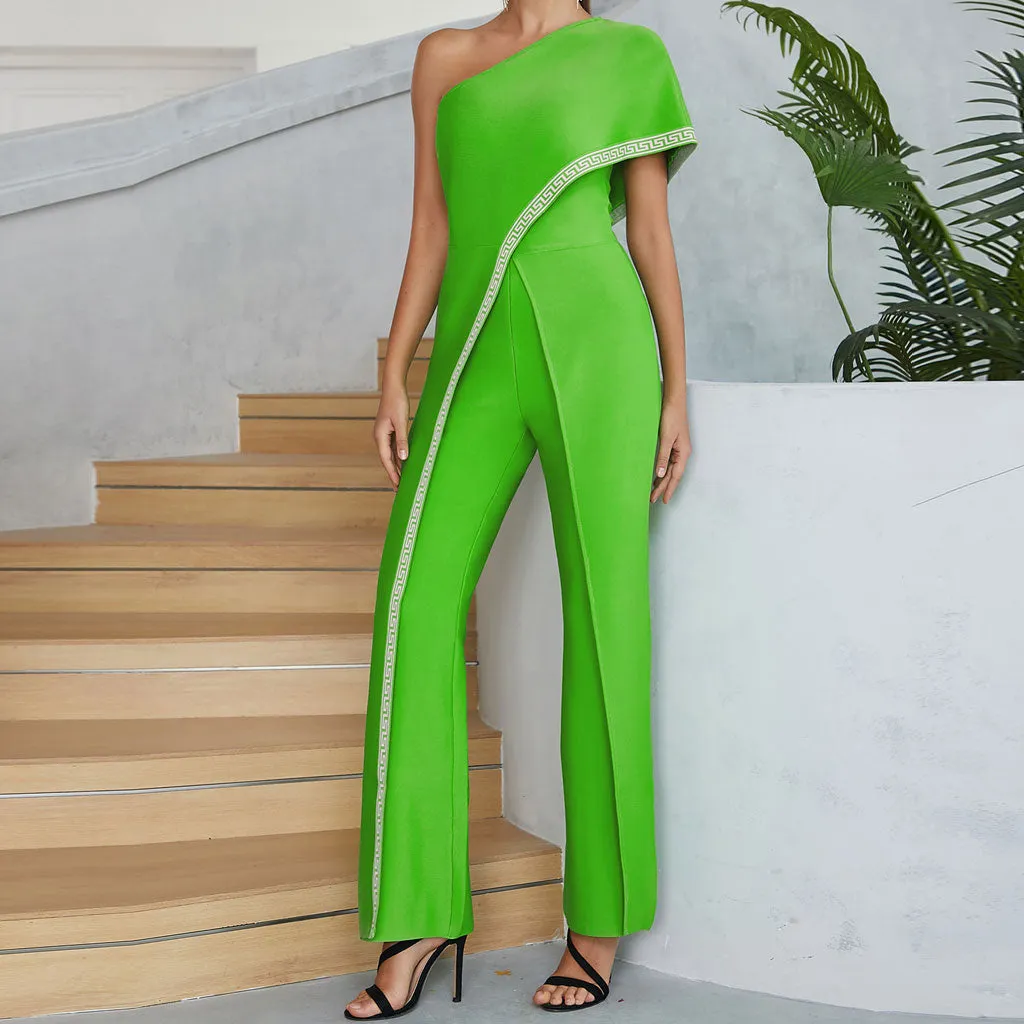 Asymmetrical One Shoulder Contrast Geometric Trim Wide Leg Bandage Jumpsuit