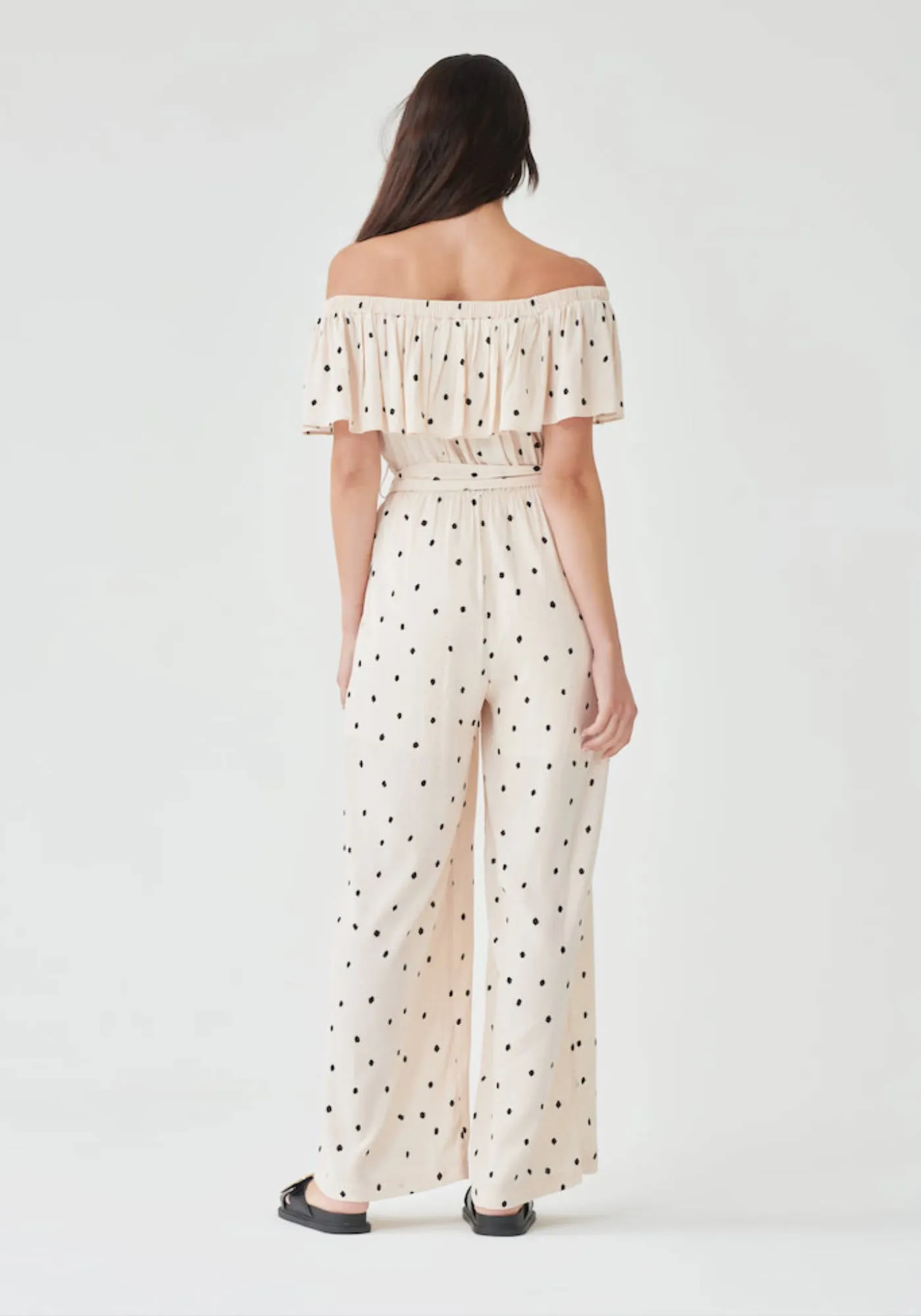 Bardot Tie Waist Jumpsuit in Cream & Black Polka - Outlet