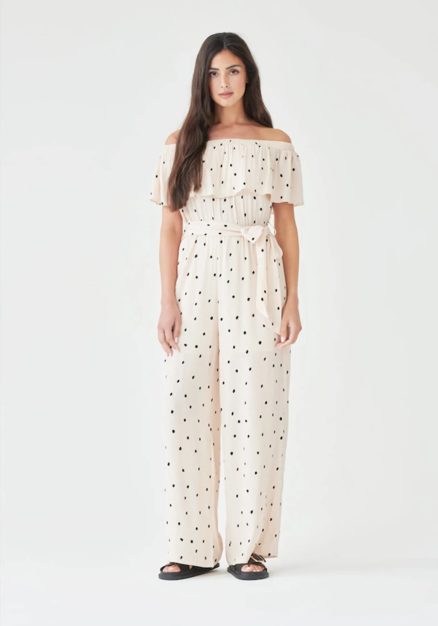 Bardot Tie Waist Jumpsuit in Cream & Black Polka - Outlet