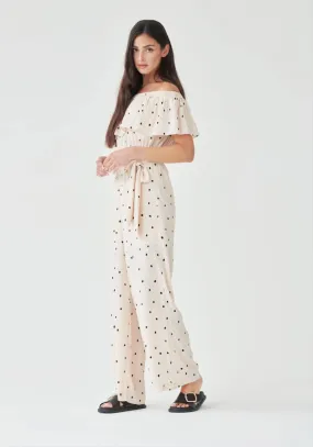 Bardot Tie Waist Jumpsuit in Cream & Black Polka - Outlet