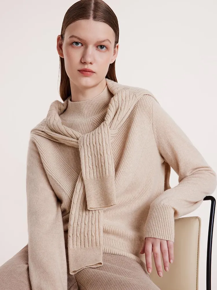 Beige Pure Cashmere Mock Neck Women Sweater