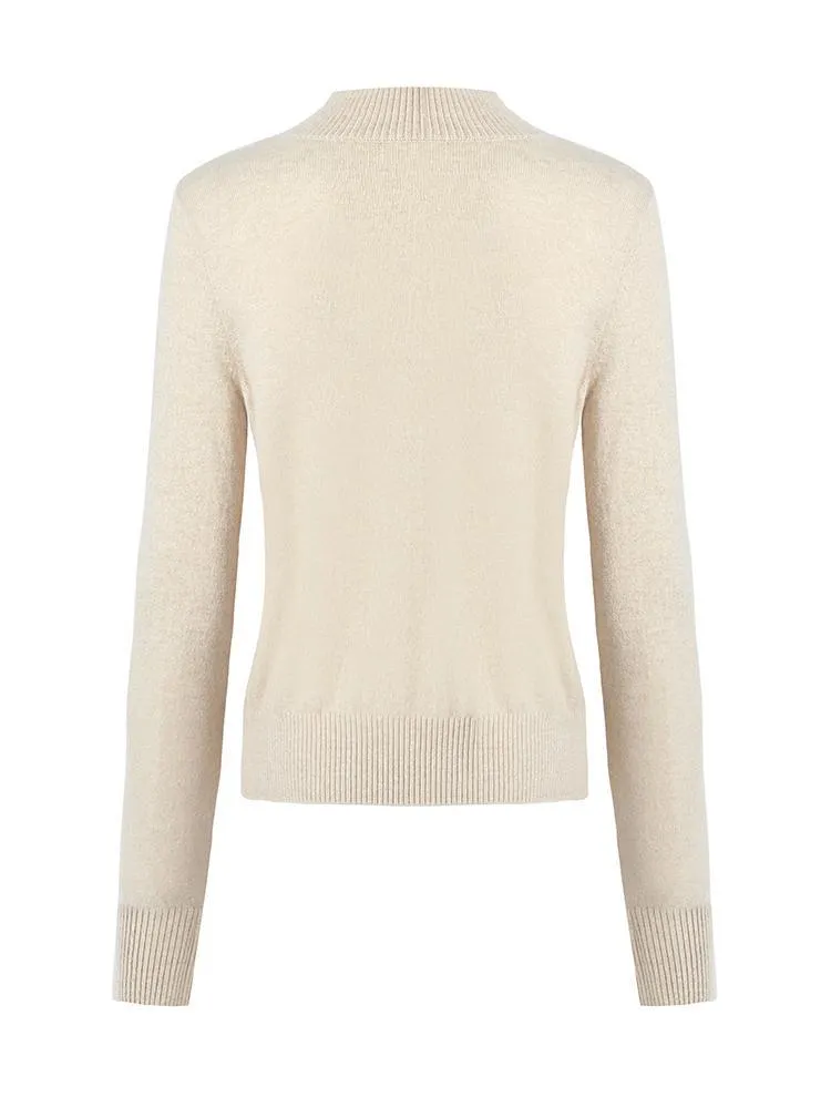 Beige Pure Cashmere Mock Neck Women Sweater