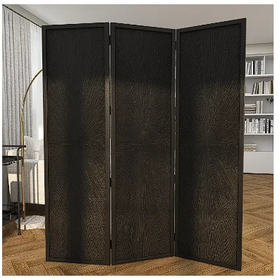 BLACK MANGO WOOD HINGED FOLDABLE PARTITION 3 PANEL ROOM DIVIDER SCREEN WITH CARVED DESIGN, 59" X 1" X 70"