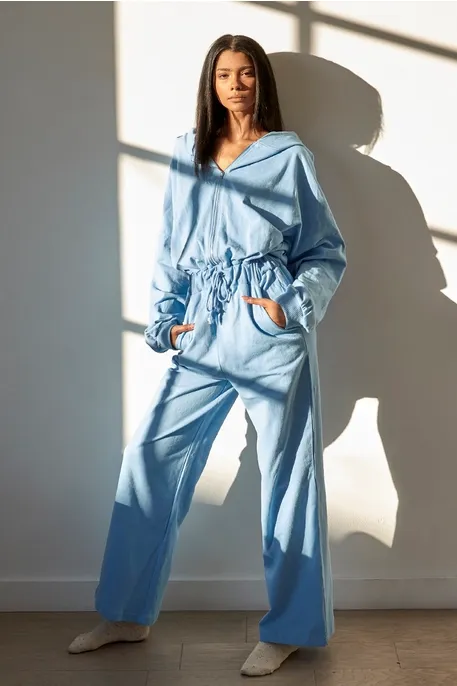 Blue Zip Up Drawstring Jumpsuit