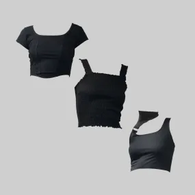 Chic Trio: Ruffle Top, Buckle Top, and Corset Crop Top Bundle