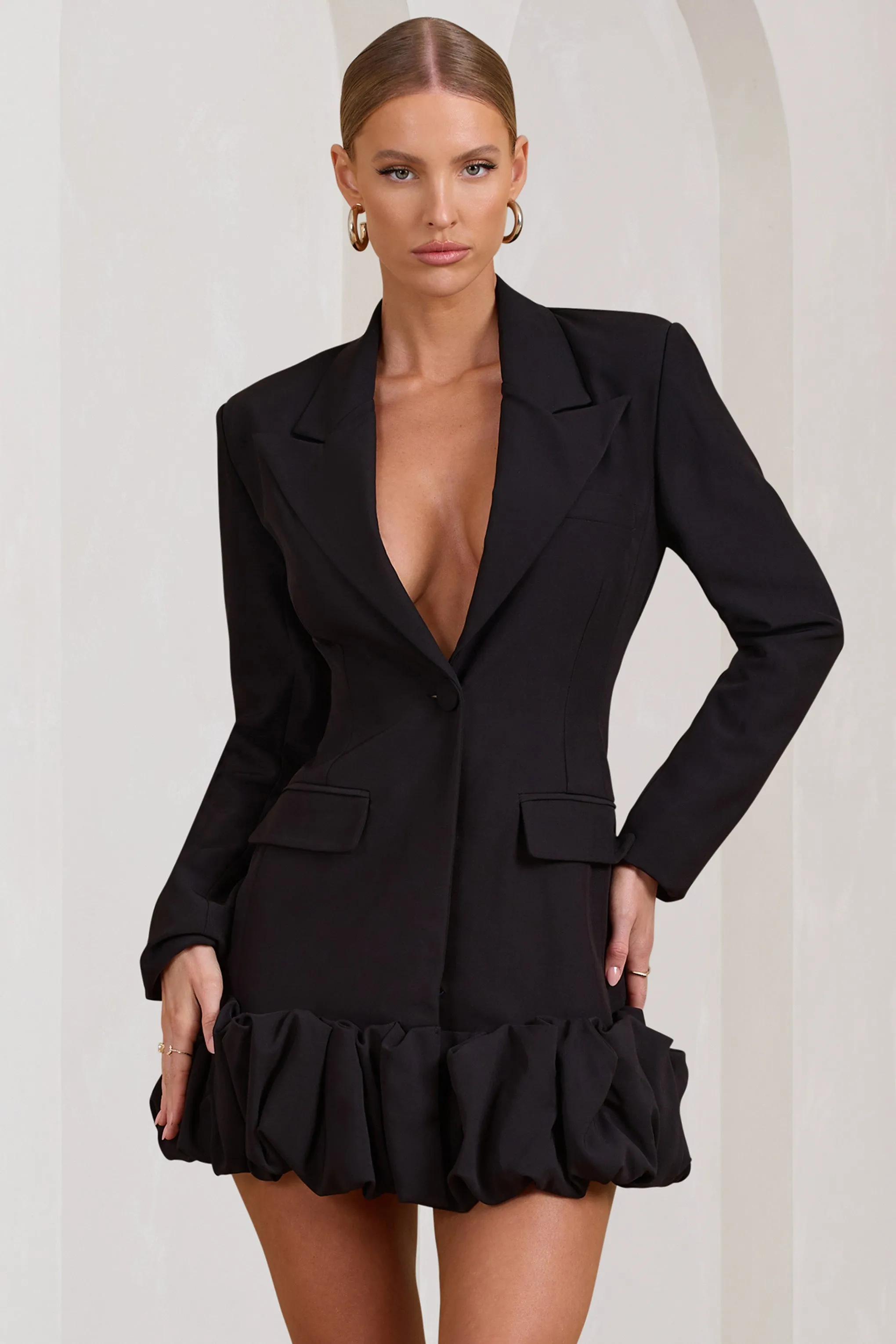 Cloud Catching | Black Tailored Blazer Mini Dress With Ruffled Hem