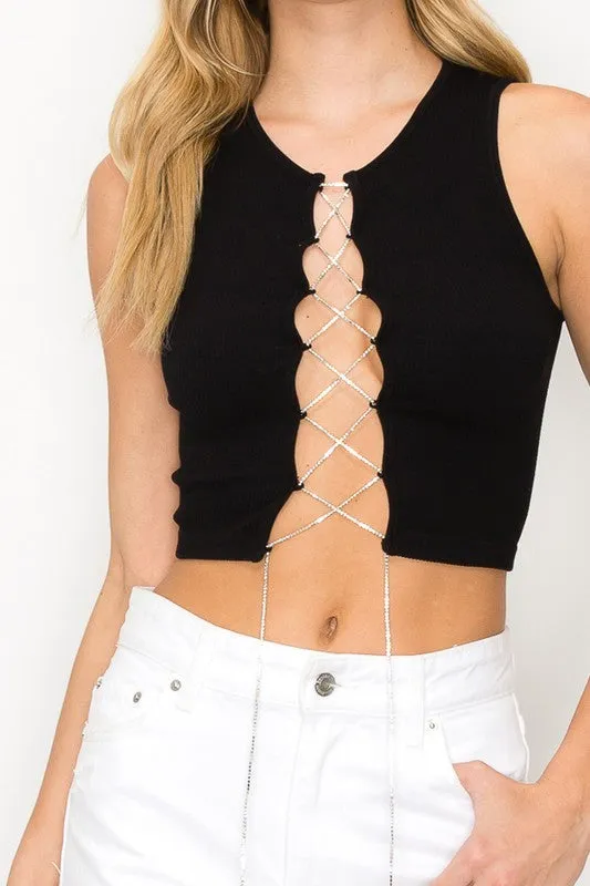 Criss Cross Rinestones Lace Up Seamless Tank Top