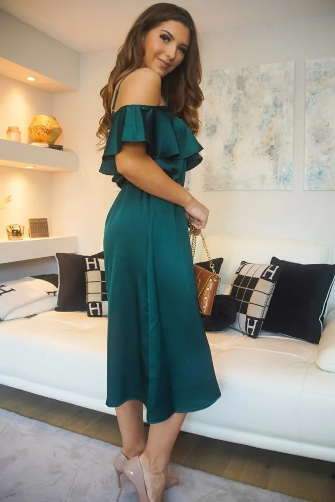 Double Second Green Off Shoulder Satin Midi Dress