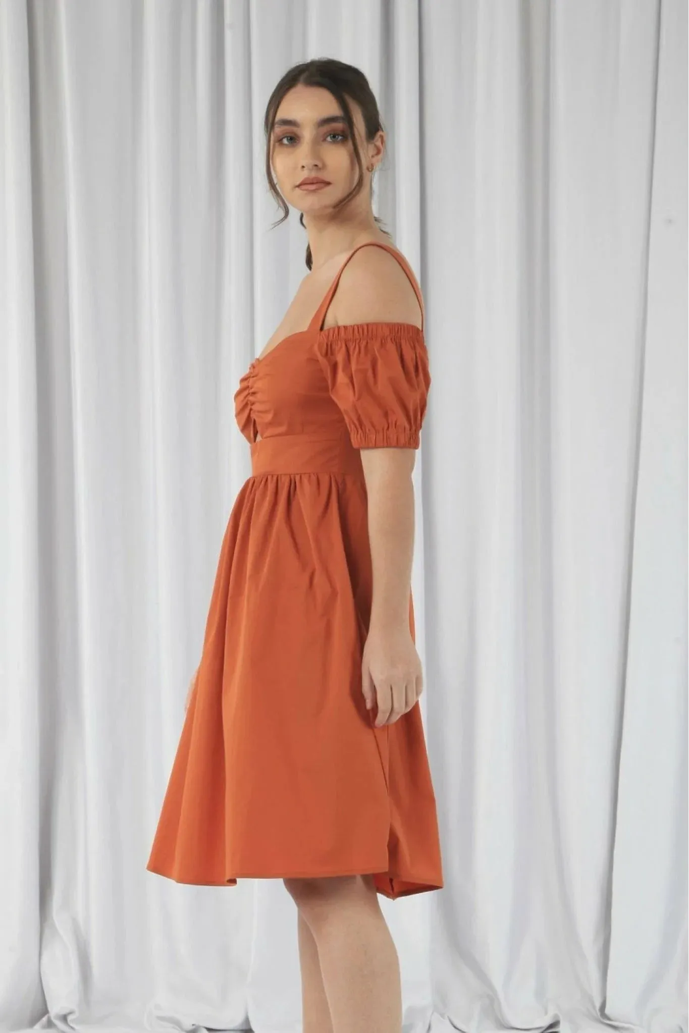 Double Second Orange Bardot Ruched Dress