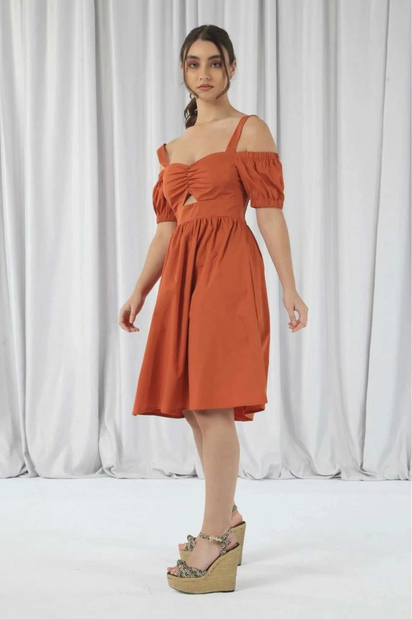 Double Second Orange Bardot Ruched Dress