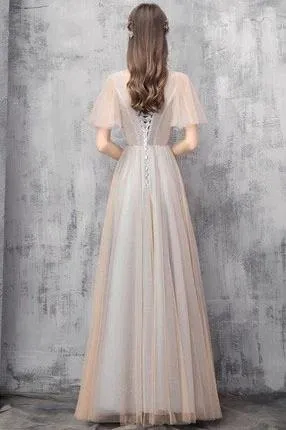 Elegant Off Shoulder Floor Length Tulle Prom Dress, Lace up Bridesmaid Dresses STK15185