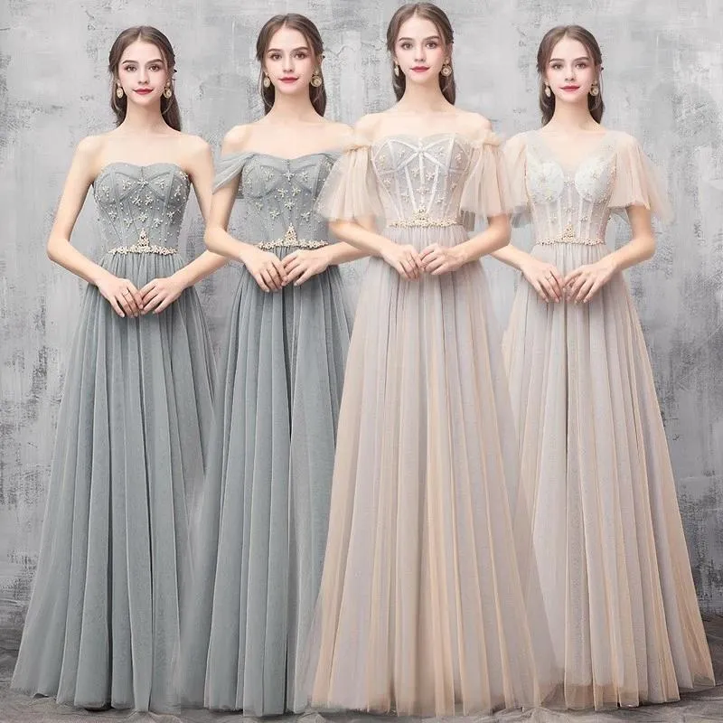 Elegant Off Shoulder Floor Length Tulle Prom Dress, Lace up Bridesmaid Dresses STK15185