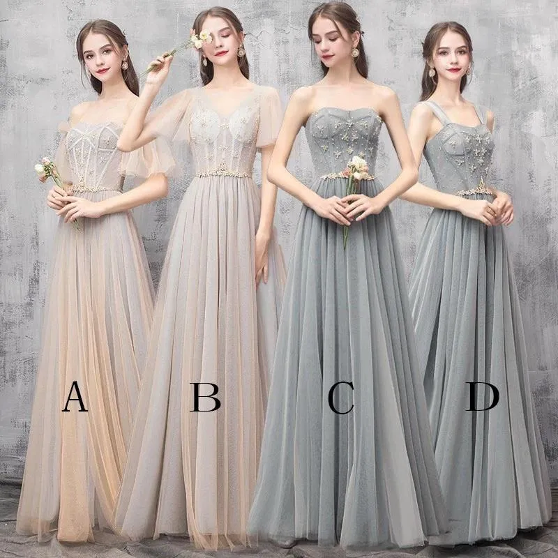 Elegant Off Shoulder Floor Length Tulle Prom Dress, Lace up Bridesmaid Dresses STK15185