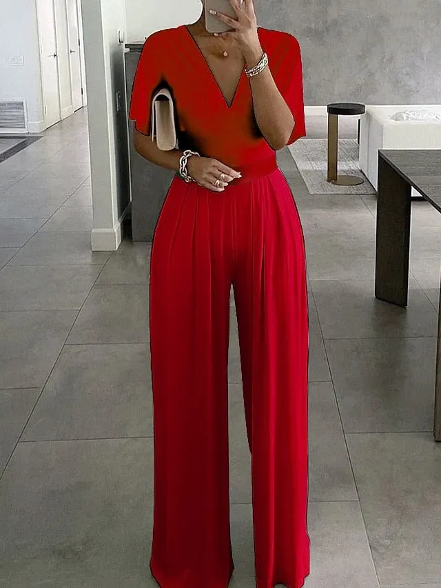 Elegant V-Neck Women's Summer Jumpsuit with Short Sleeve