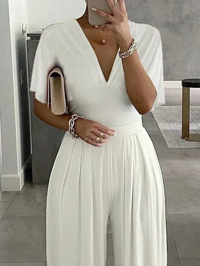 Elegant V-Neck Women's Summer Jumpsuit with Short Sleeve