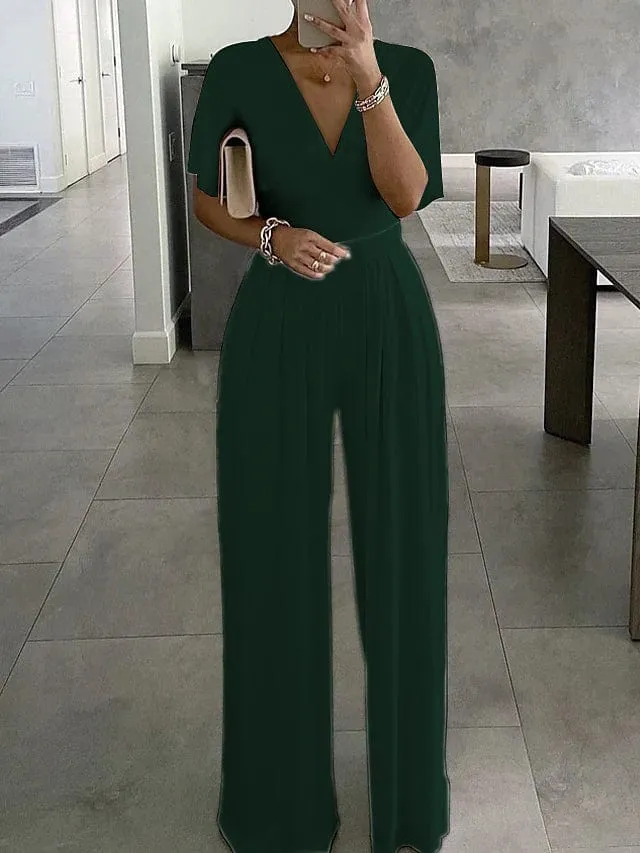 Elegant V-Neck Women's Summer Jumpsuit with Short Sleeve