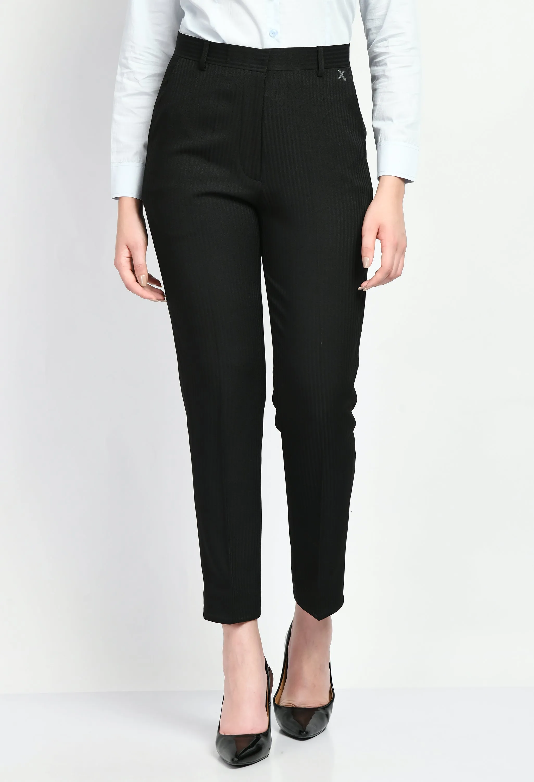 Exude Fearlessness Striped Short Blazer Pant Suit (Black)