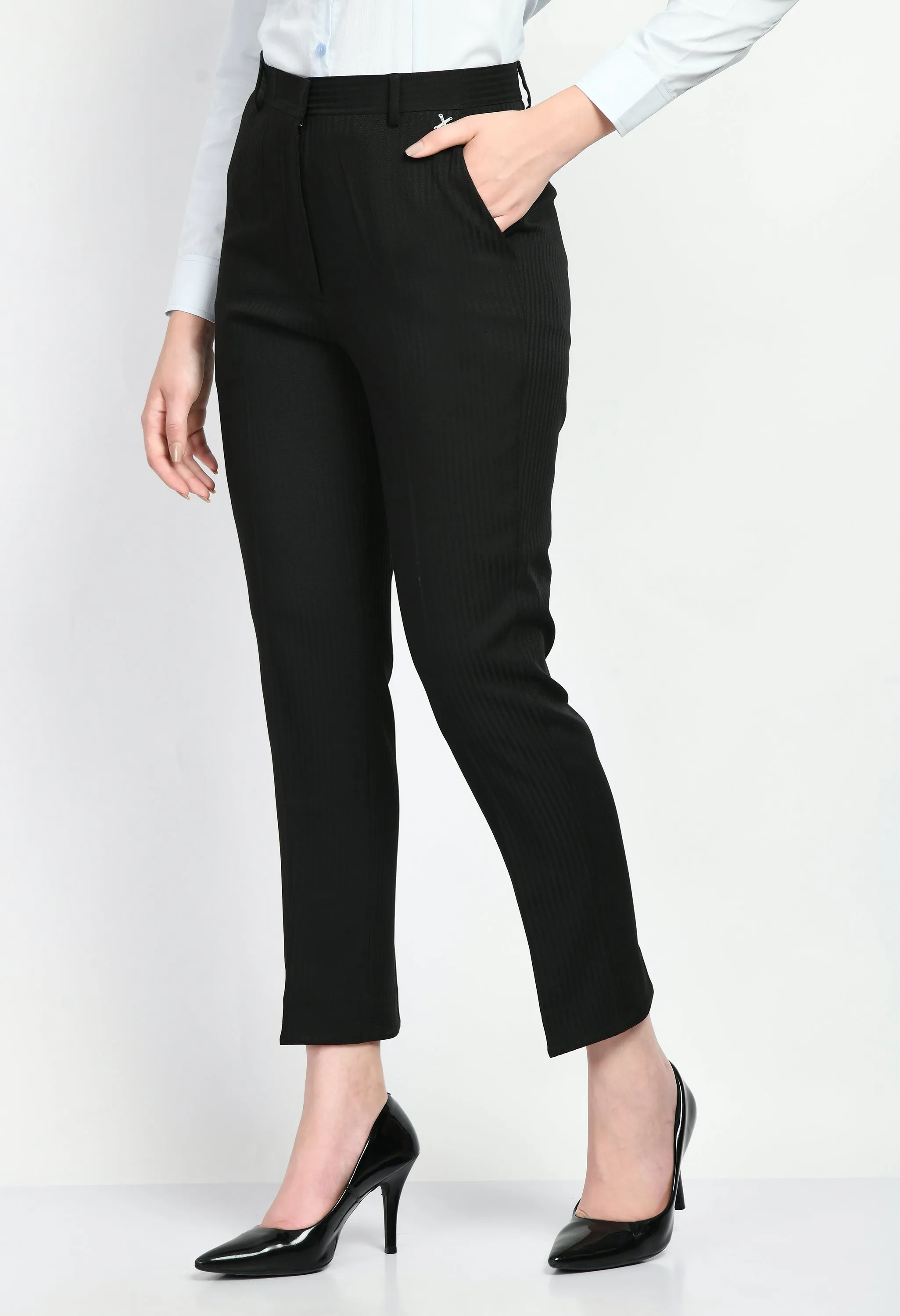 Exude Fearlessness Striped Short Blazer Pant Suit (Black)