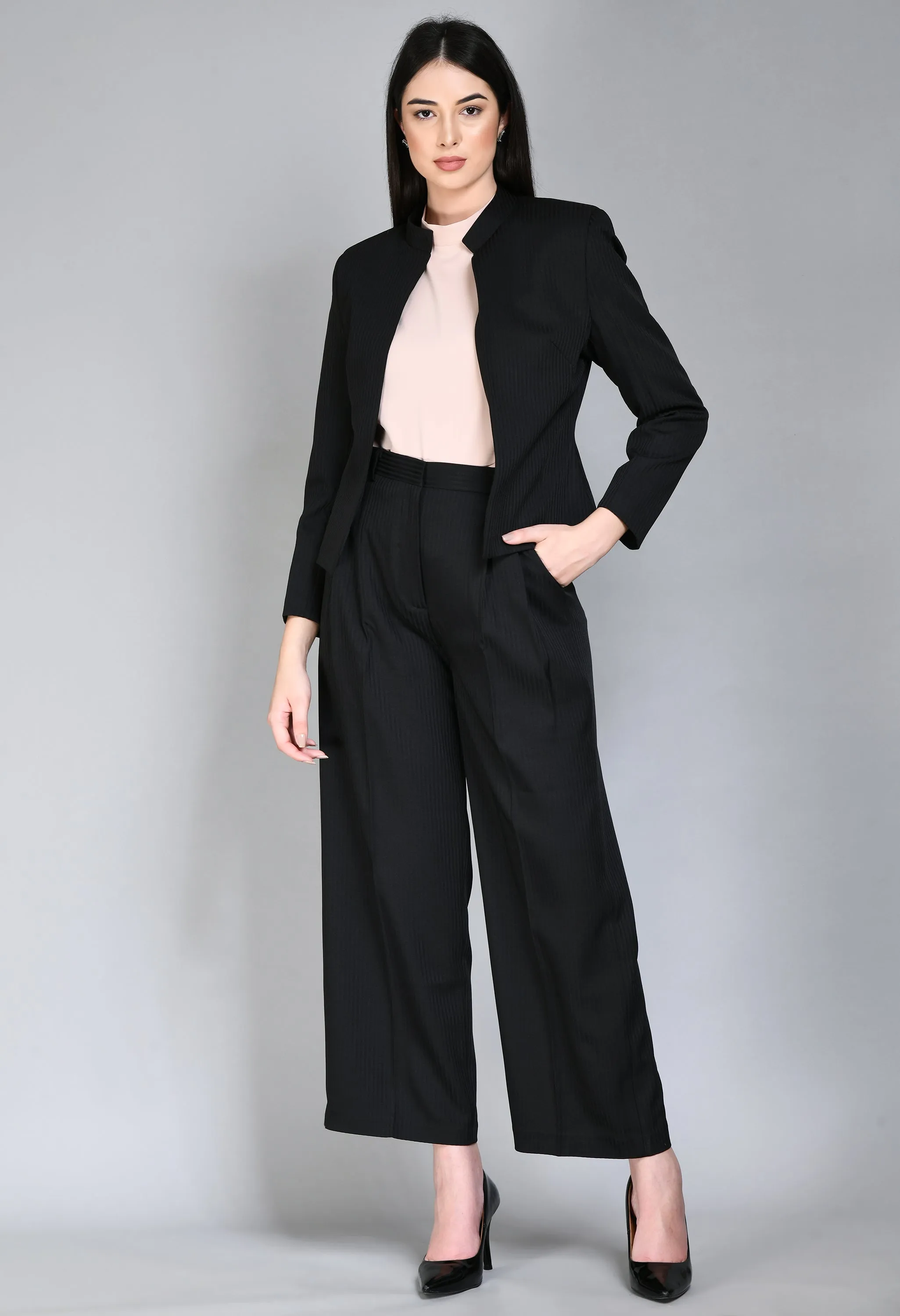 Exude Focus Striped Short Blazer Wide Leg Pant Suit (Black)