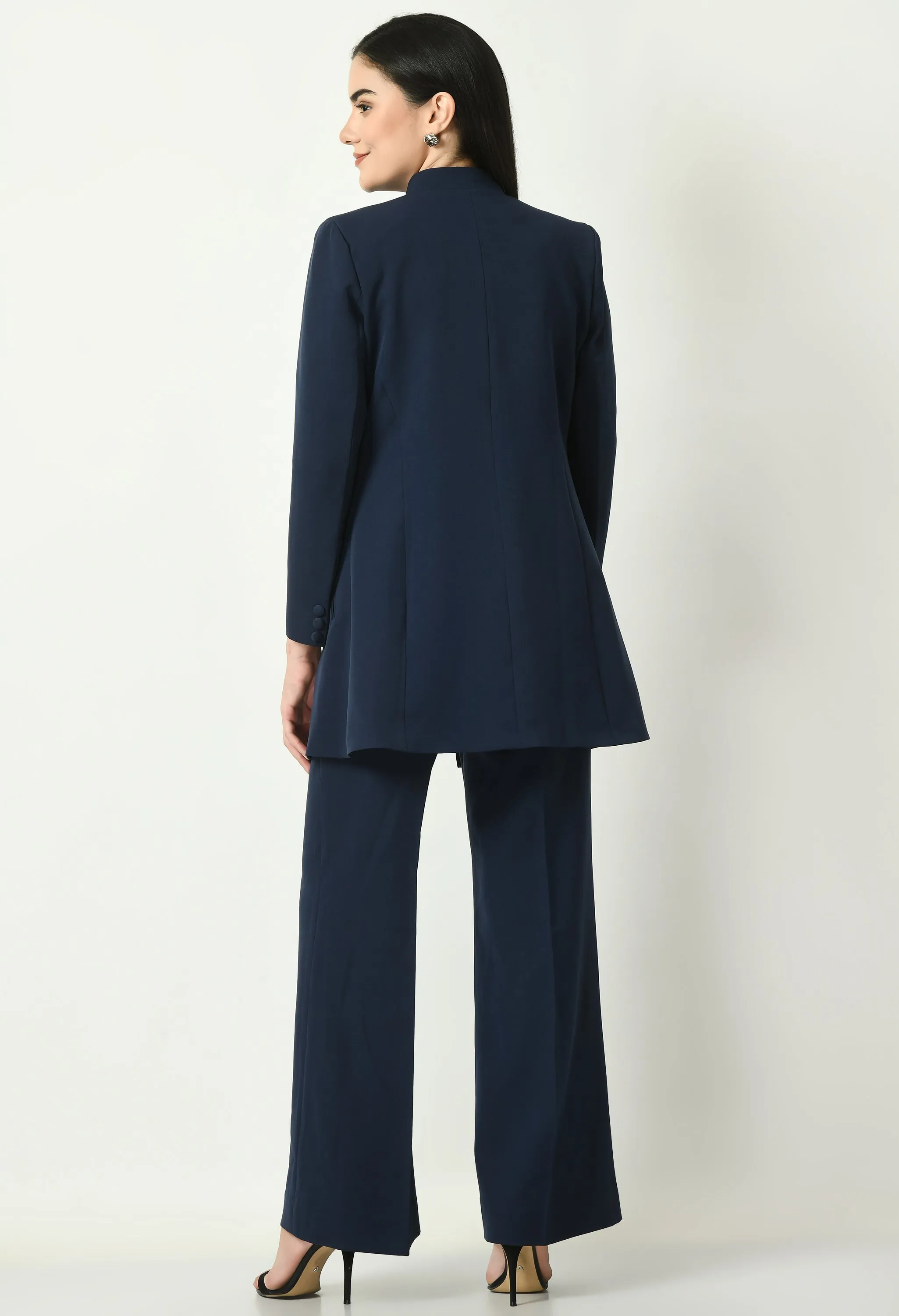 Exude Mastery Solid Long Blazer with Bootcut Trousers (Navy)