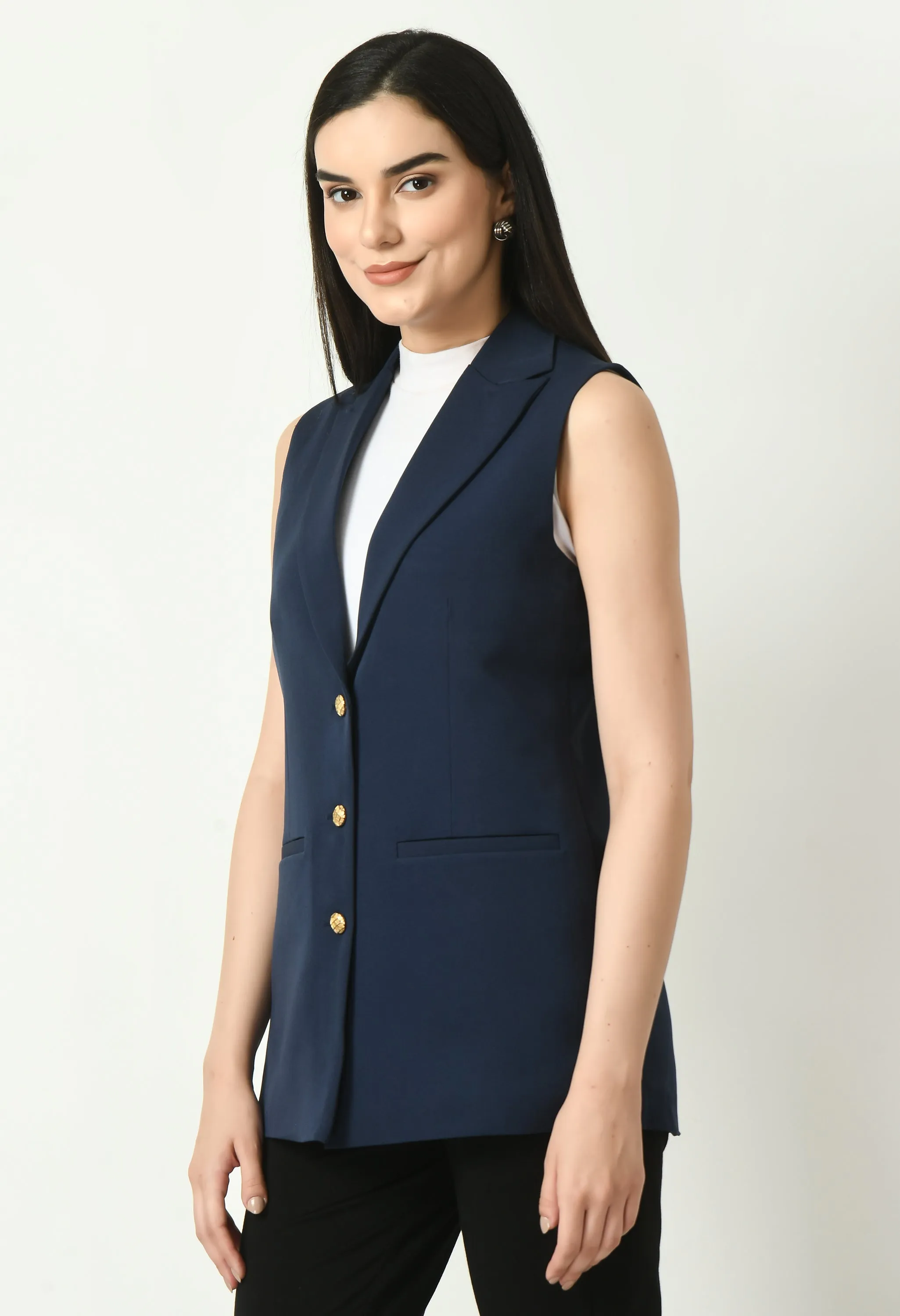 Exude Meridian Sleeveless Long Blazer (Navy)