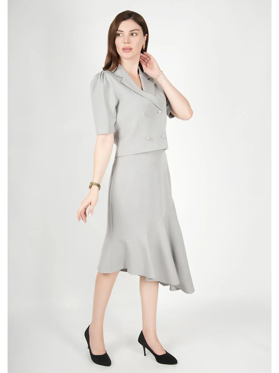 Exude Sunbeam Blazer Top with A-Symmetrical Skirt (Grey)