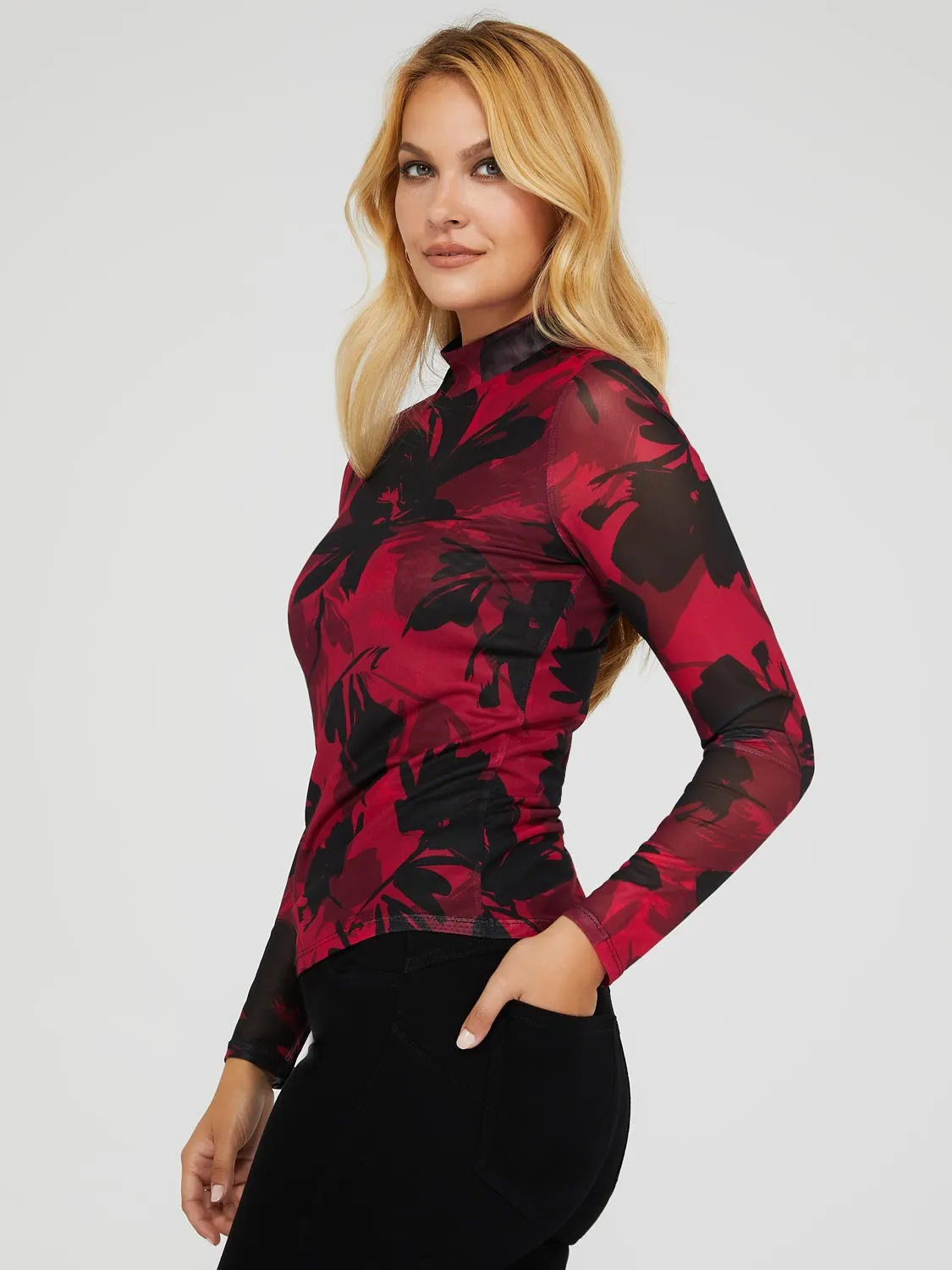 Floral Print Mock Neck Mesh Top