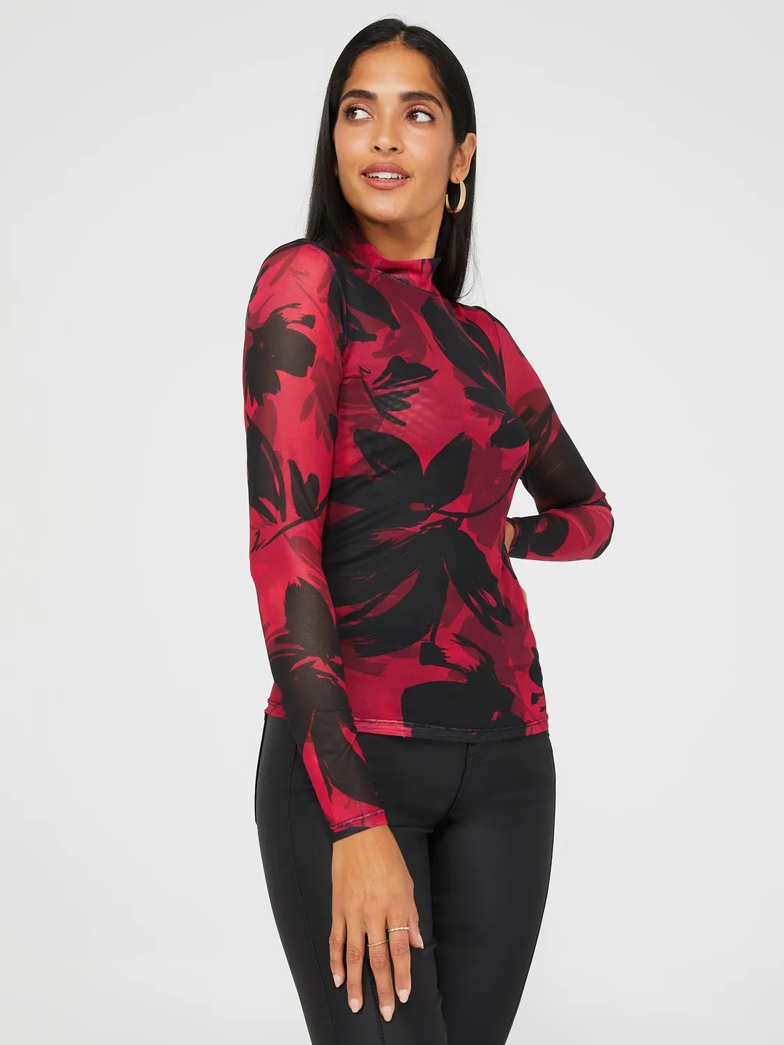 Floral Print Mock Neck Mesh Top