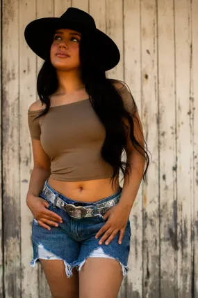 Get Rowdy Off the Shoulder Crop Top - Mocha