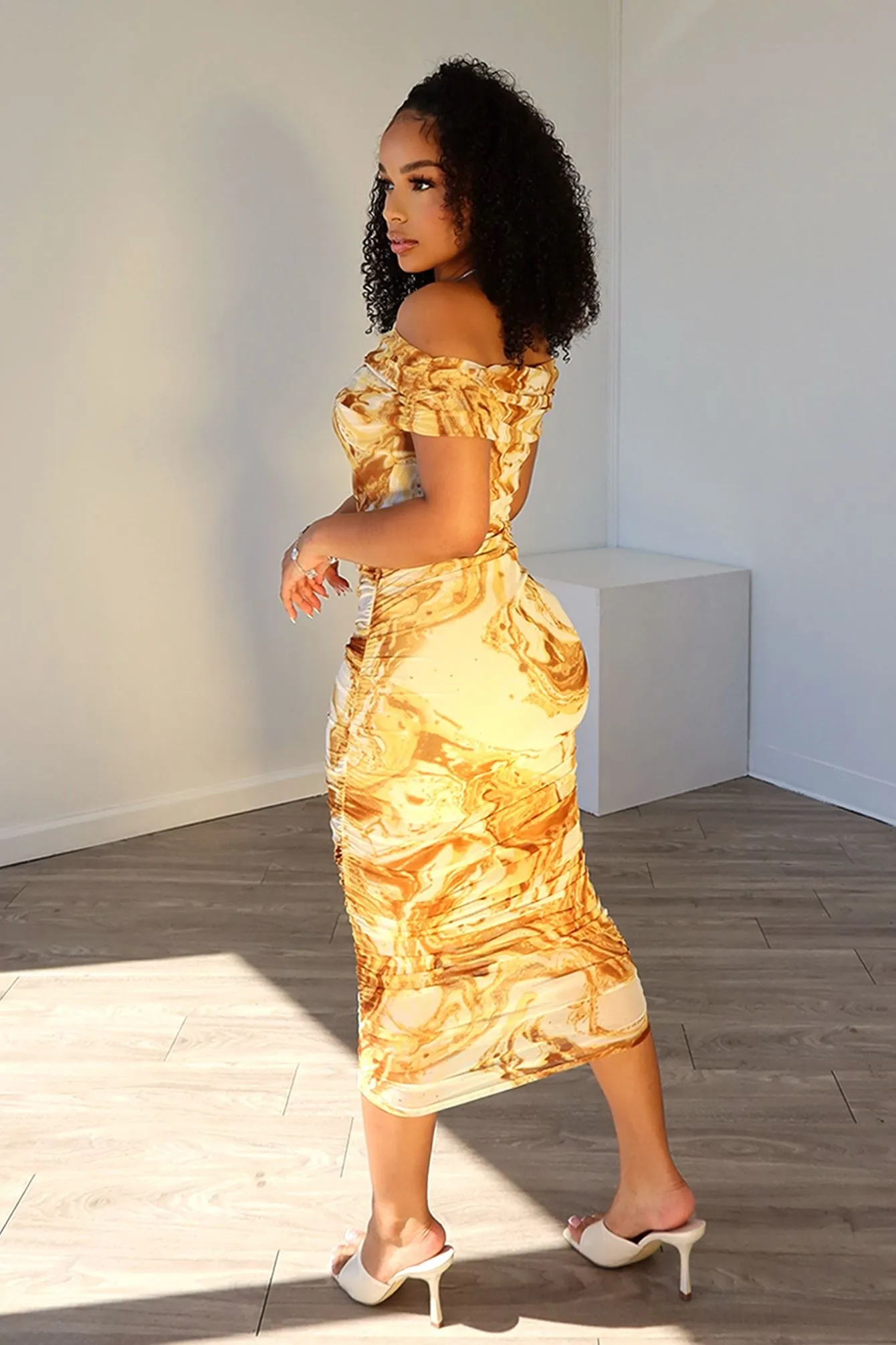 Golden Hour Mesh Ruched Dress