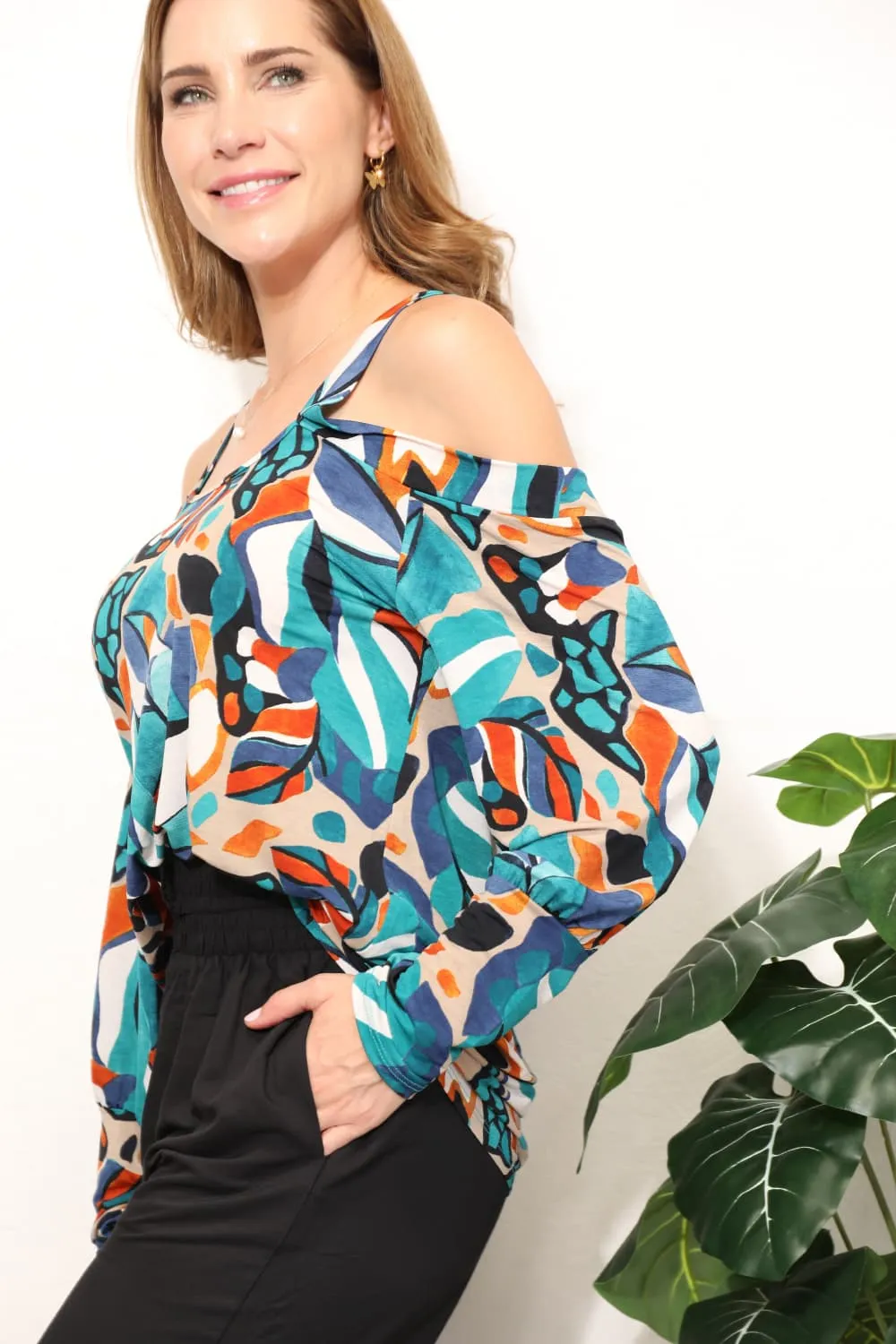 High Neck Off Shoulder Cris Cross Top in Turqoise