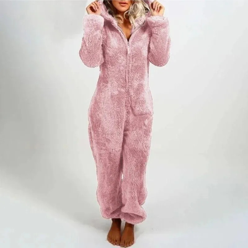 Hooded Long Sleeve Faux Fur Jumpsuit