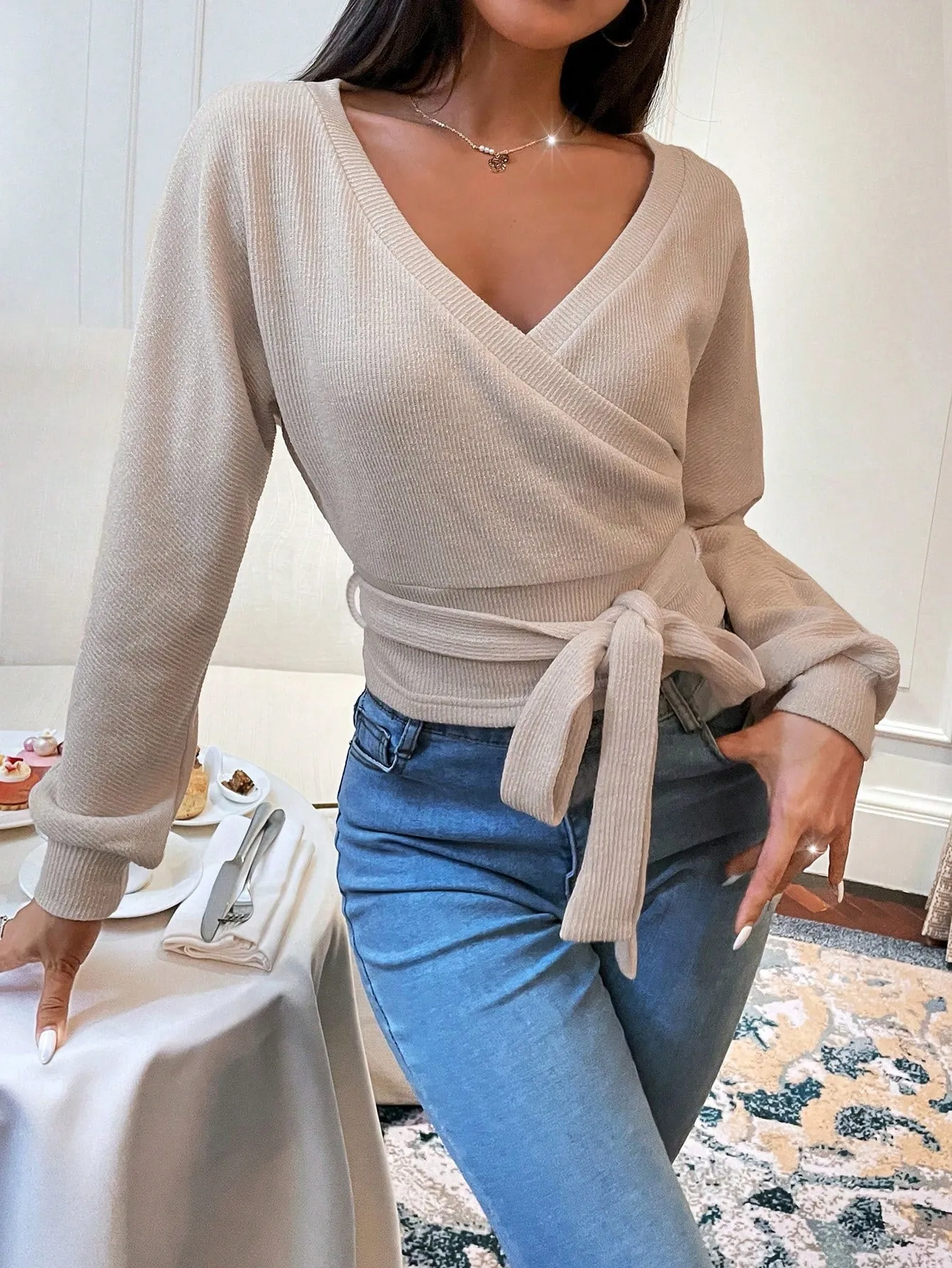 Long Sleeve Off The Shoulder Belted Sweater Top