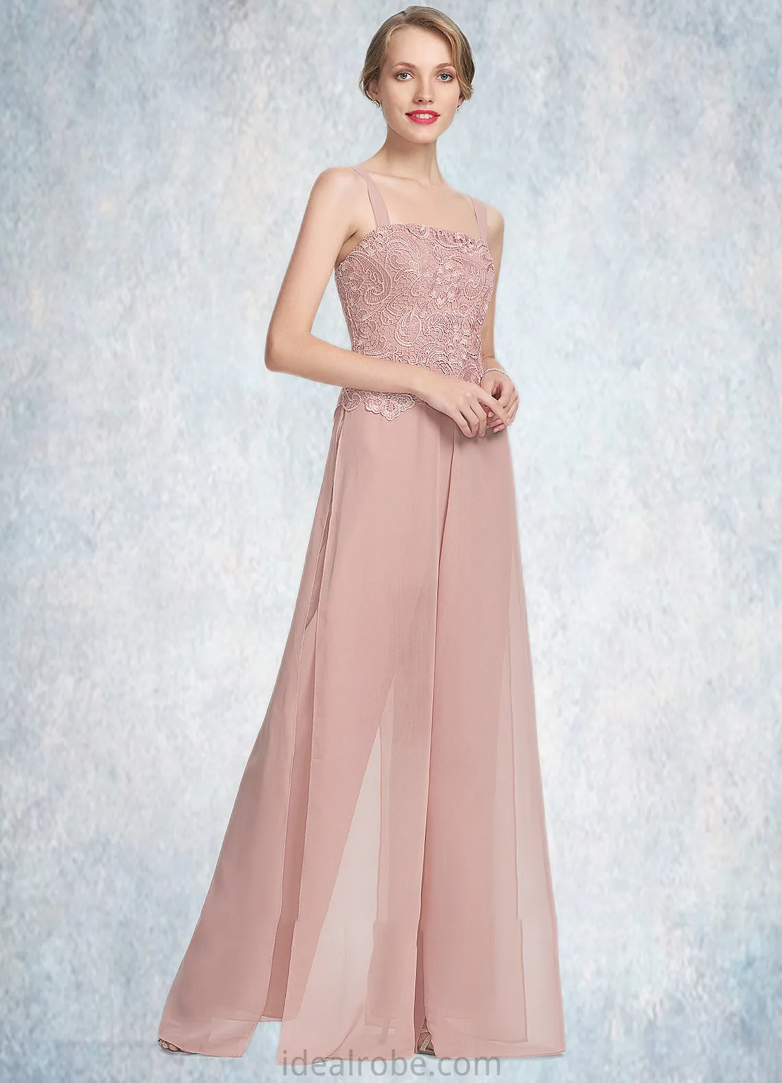 Meghan Jumpsuit/Pantsuit Square Neckline Floor-Length Chiffon Lace Mother of the Bride Dress STK126P0014828