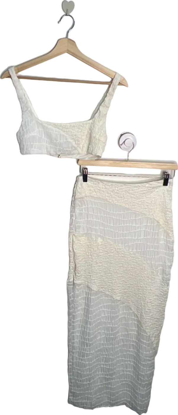 Meshki White Textured Crop Top and Skirt Set UK 6