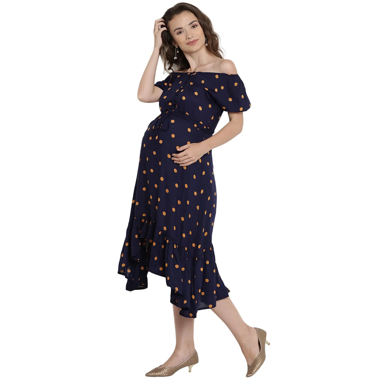 Midnight Blue Asymmetric Polka Dot Print Maternity Dress