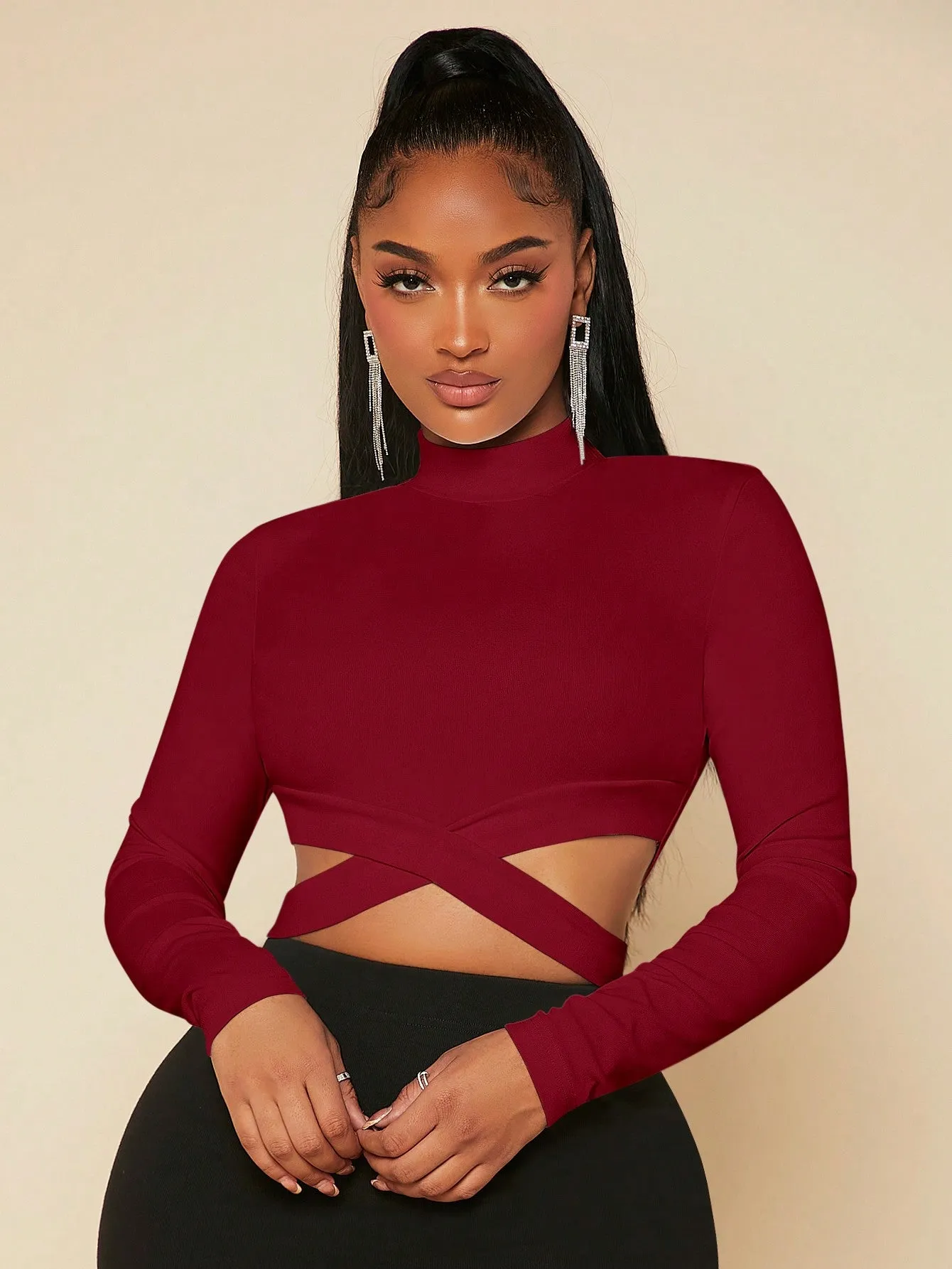 Mock Neck Criss Cross Crop Top