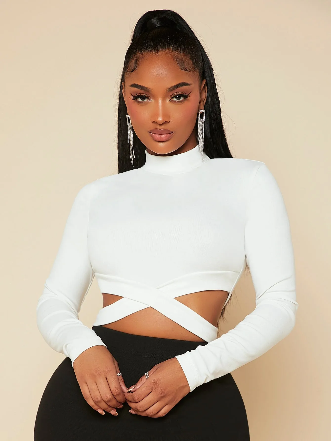 Mock Neck Criss Cross Crop Top