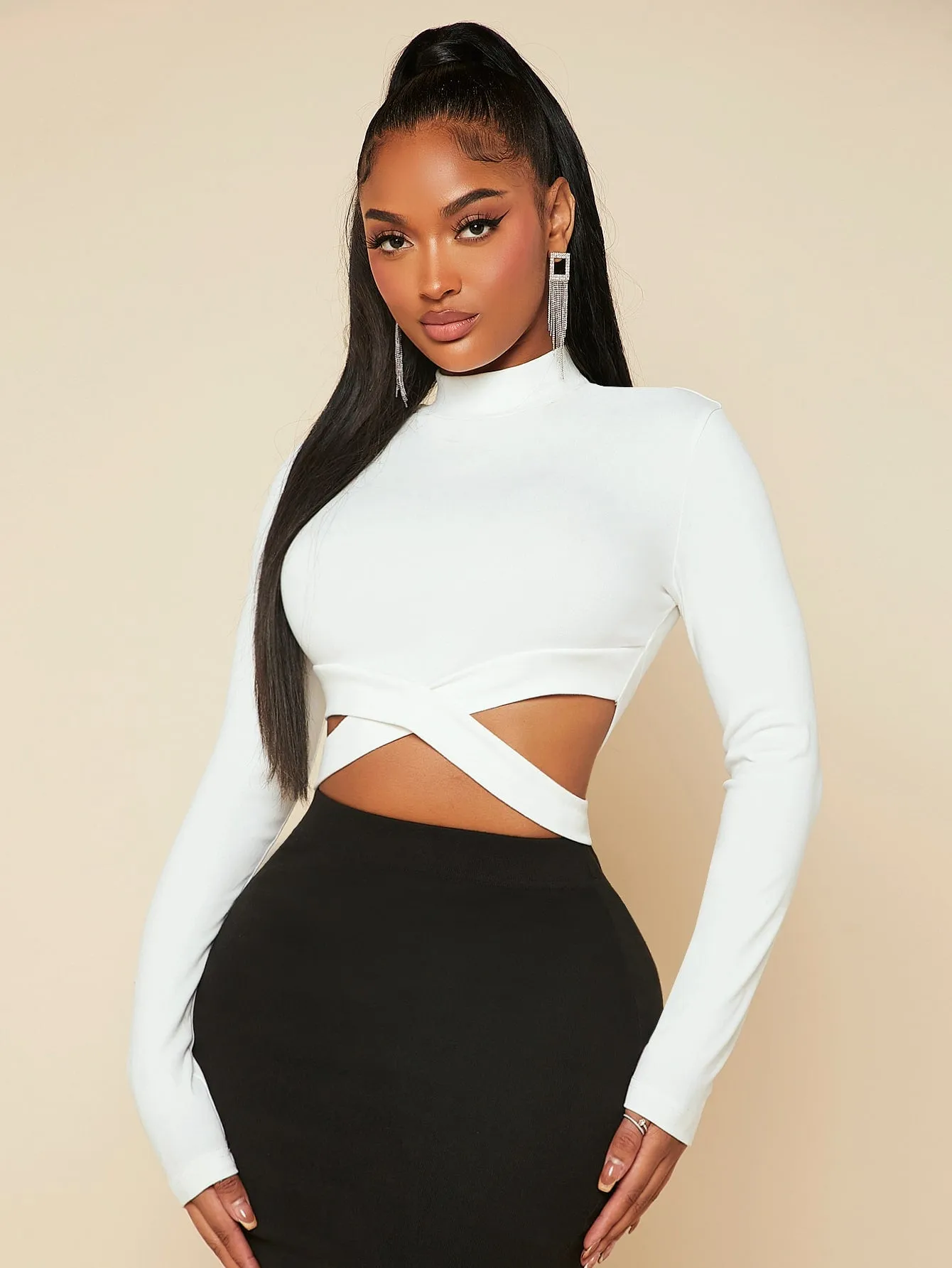 Mock Neck Criss Cross Crop Top