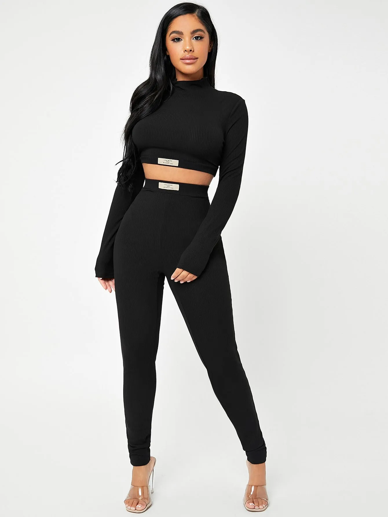 Mock Neck Slogan Graphic Crop Top Leggings Set