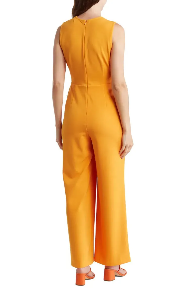 Nicole Miller round neck sleeveless zipper closure twist front solid stretch crepe jumpsuit