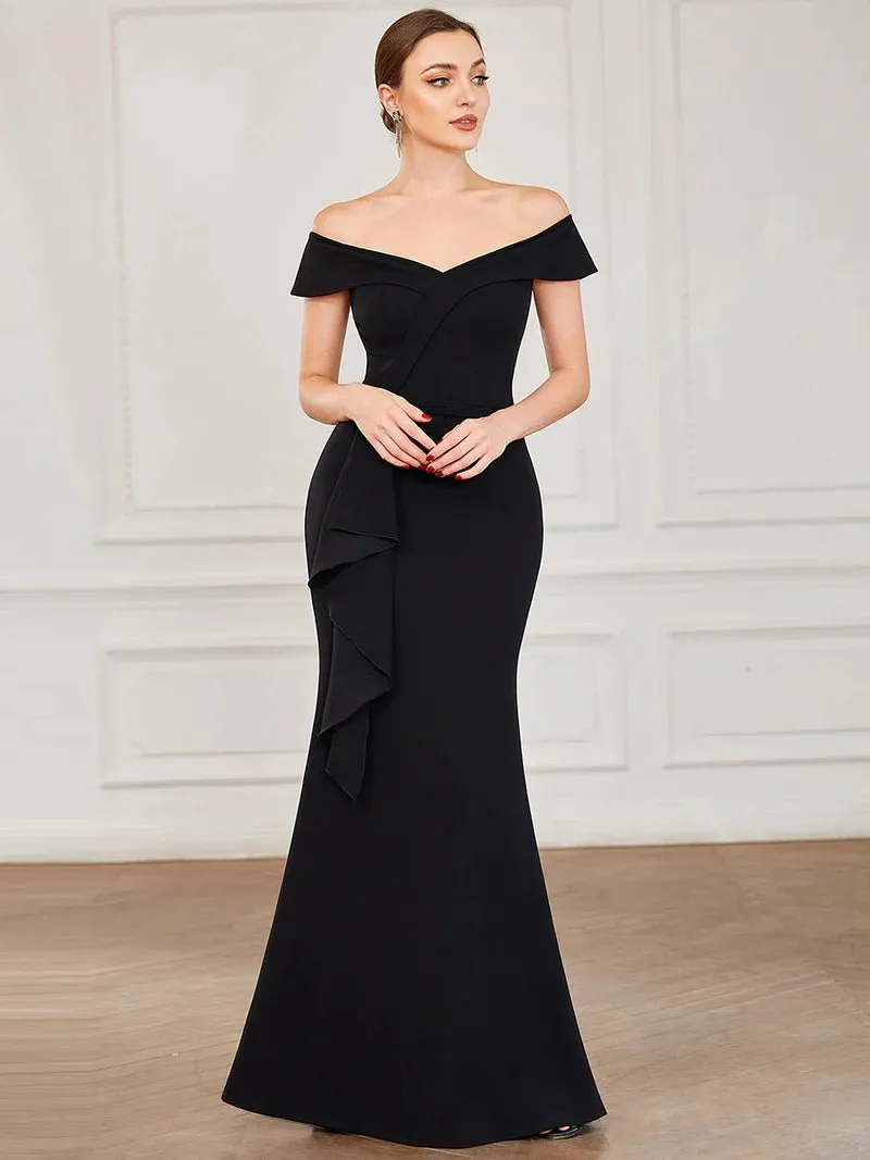 Off-Shoulder Fitted Ruffle Evening Dress