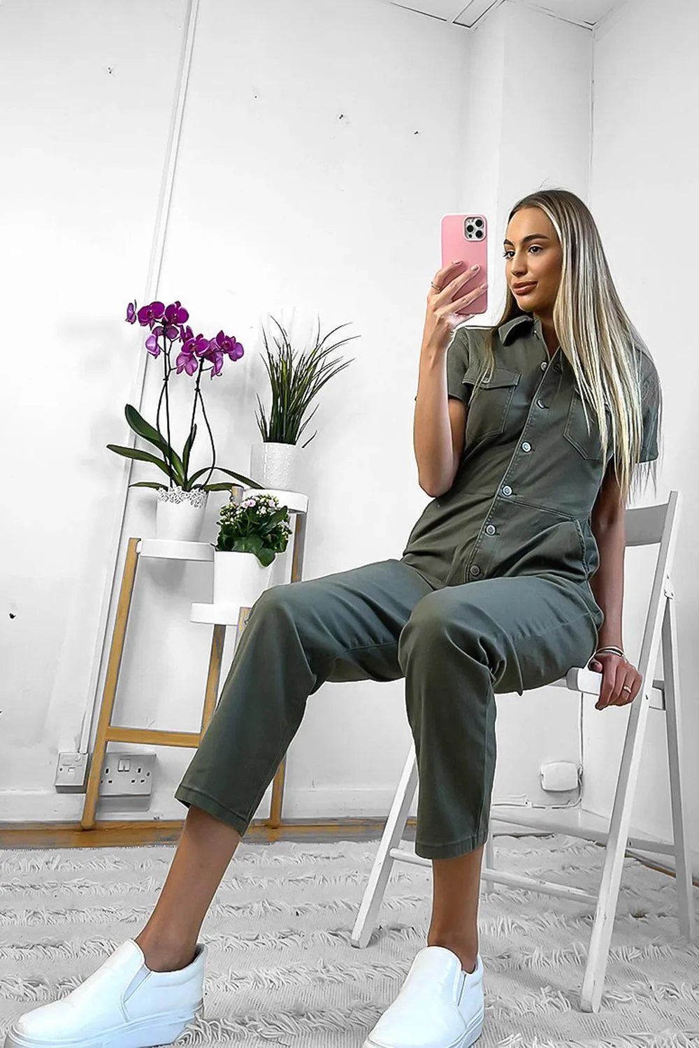 Olive Thin Denim Boiler Jumpsuit