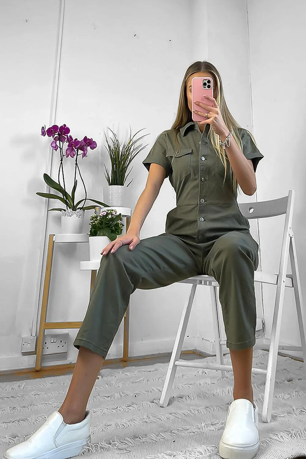 Olive Thin Denim Boiler Jumpsuit