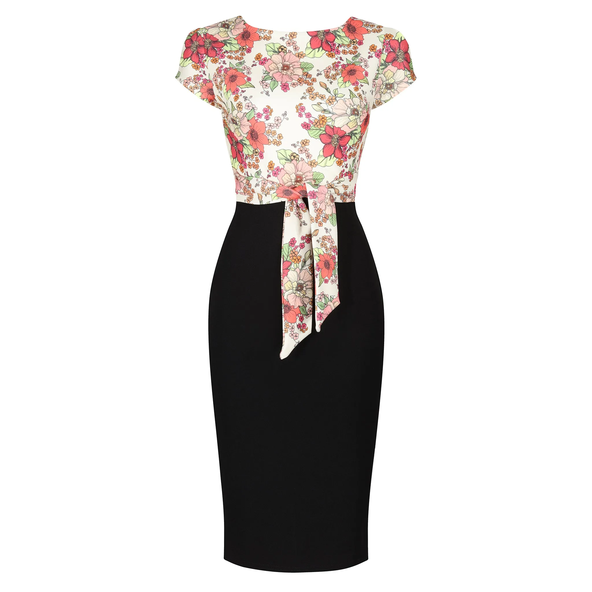 Retro Red Cream White Floral Print Tie Front Bodycon Midi Dress